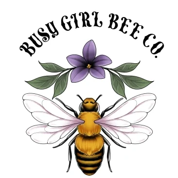 Logo for Busy Girl Bee Co. featuring a honeybee illustration beneath a purple five-petal flower with green leaves and arched black vintage typography.