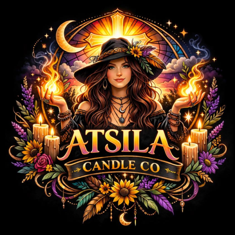 Logo for Atsila Candle Co featuring an illustrated witch holding flames in her palms, framed by candles, sunflowers, lavender, and a crescent moon backdrop on a black background.